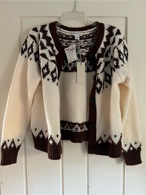 Faith & Zoe Cream and Brown Nordic Button-Front Cardigan